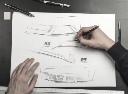 Hand sketching aero panel lines on paper at CMST