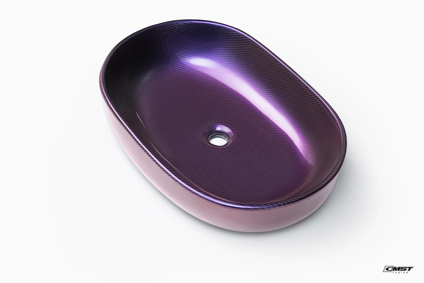 A carbon fiber basin molded by CMST, showing a compound curve and iridescent finish