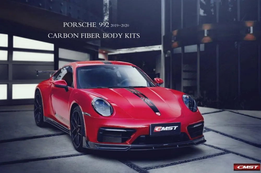 A Porsche 992 fitted with a complete CMST carbon fiber body kit — front lip, side skirts and arches