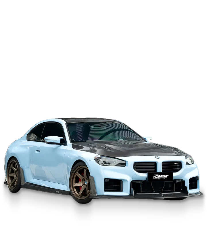 BMW M2 G87 with CMST carbon front lip, splitter and vented hood