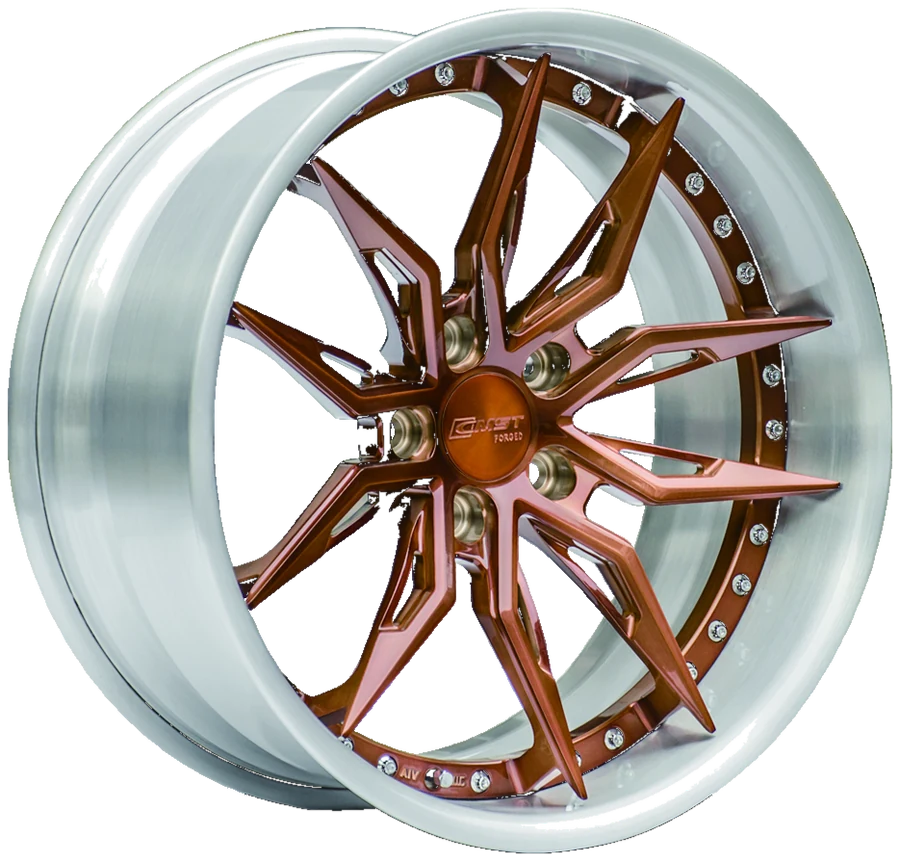 CMST two-piece forged wheel — bronze center bolted to a polished barrel