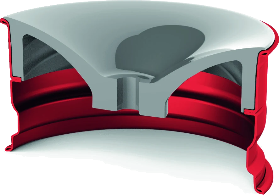Section render of a two-piece forged wheel — a separate face bolted into the barrel