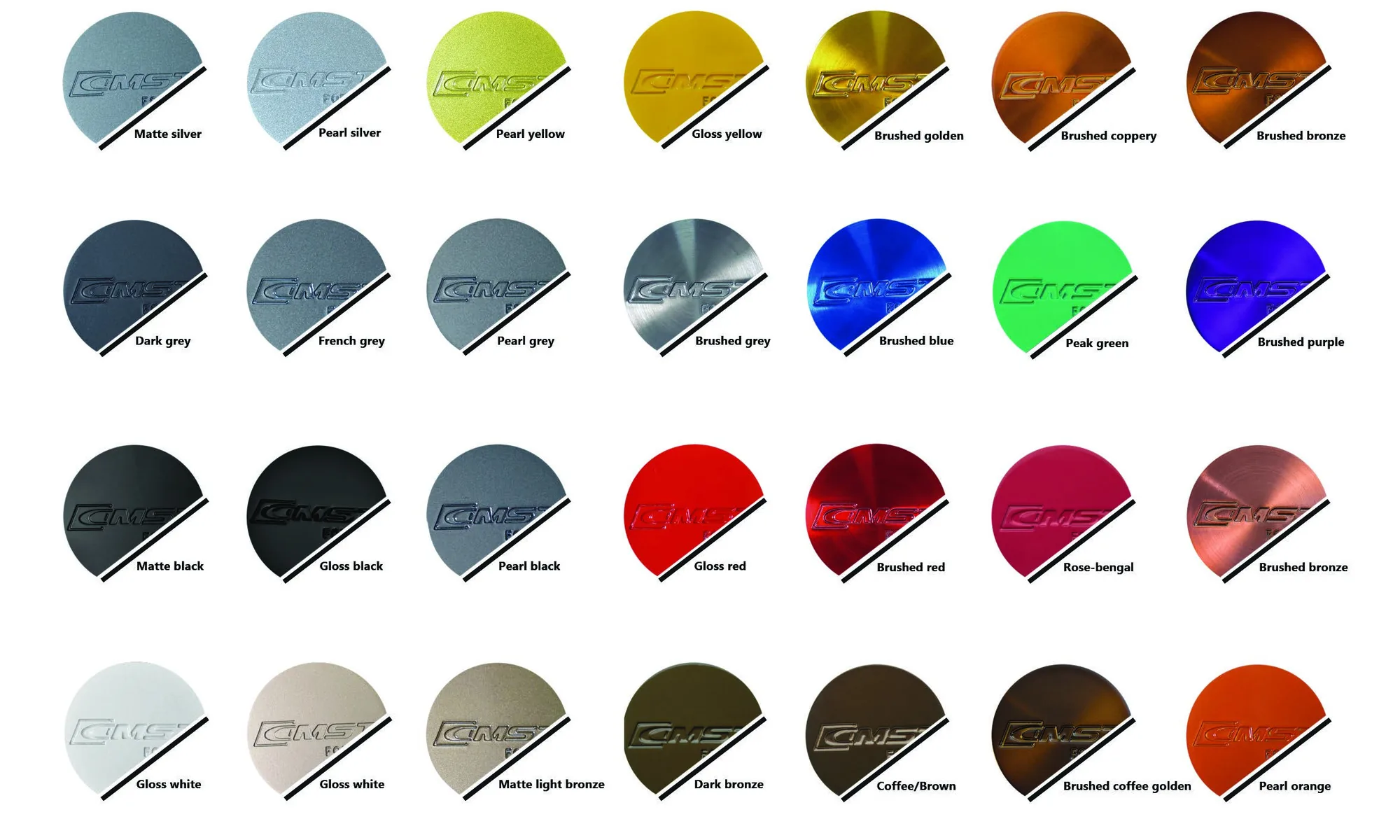CMST Forged finish chart — 28 named finishes shown on wheel center samples